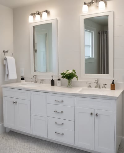 A modern kitchen sink area with wooden cabinetry and a sleek metal faucet. The minimalist design includes overhead shelving with warm ambient lighting underneath.