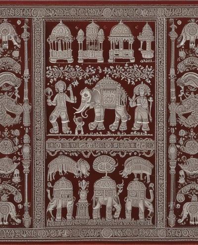 Four intricately designed Rajasthani puppets hang against a colorful backdrop. Each puppet is adorned in traditional attire with vibrant patterns and detailed facial features. They are dressed in long gowns with elaborate embroidery, showcasing a rich cultural heritage.