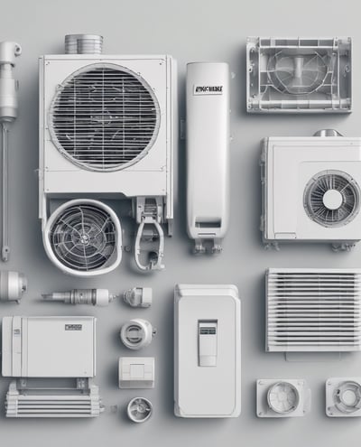 An industrial setting featuring a collection of stacked air conditioning units from various brands. A tall cylinder with hoses wrapped around it stands prominently in the foreground. The setting appears to be a cluttered storage or workshop space, with a partially visible metal roller shutter door on one side.