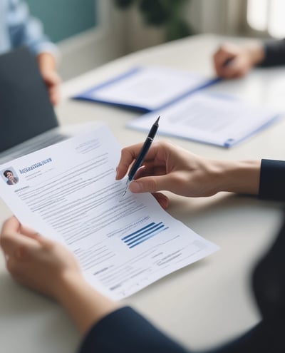 A person is holding a resume in front of them while sitting at a white table. Another person, slightly blurred, is seated across the table. The resume has a blue header with the name and title 'Lauren Chen, Digital Marketing Specialist'. Sections visible include contact information, education, and professional experience.