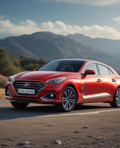 A close-up of the front grille of a red Hyundai car, displaying the Hyundai logo prominently in the center. The grille features a black and chrome mesh design.