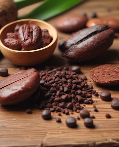 Two dried vanilla beans are positioned upright against a plain beige background. The beans are dark brown, slightly twisted, and have a rough texture.