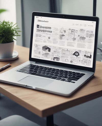 A laptop displaying a website design with the phrase 'Build your dream website.' next to a minimalistic building image. The scene also includes a modern mug and a smartphone placed on a wooden desk.