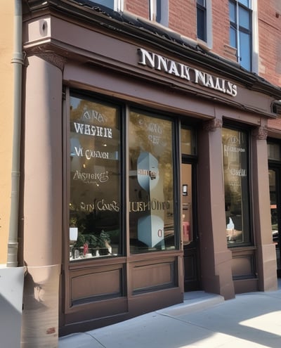 A storefront featuring a nail spa and Thai bodywork shop is illuminated by vibrant neon signs. The red neon sign for the nail spa is prominently displayed on the left, while the right side has a green and blue neon sign for Thai bodywork. Reflections of city lights can be seen on the wet pavement in front.