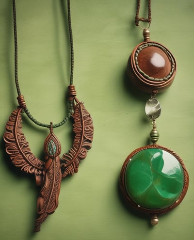 A street market stall features an array of handmade jewelry displayed on wooden platforms and circular trays. The crafts include necklaces and bracelets, emphasizing a rustic, natural aesthetic. Signs in the background suggest a theme of returning to nature. The setting has a casual, artisanal vibe.