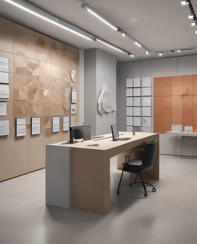 An interior space featuring a modern showroom with large ceramic tiles and bright lighting. The walls display brand signage and various tile samples. A sleek, minimalist desk is centered, surrounded by a clean and spacious environment.