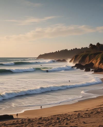 A group of people wearing bright green and red clothing gather in a circle on a sandy beach, surrounded by colorful surfboards arranged like a sunburst. The ocean waves gently roll towards the shore in the background.