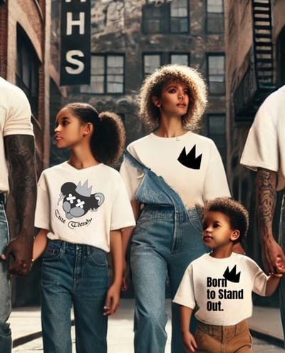 Group of people wearing different but coordinated Cure Trendy graphic tees, walking confidently 