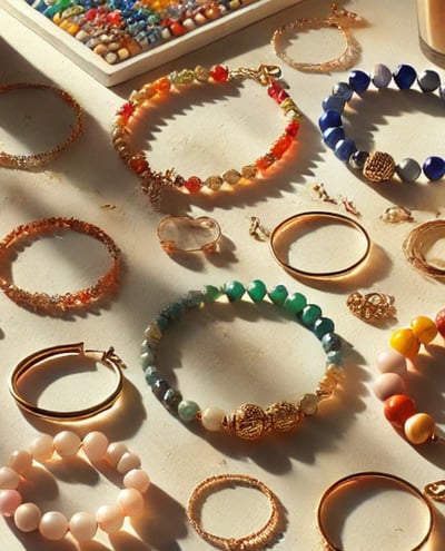 Assortment of colorful beaded jewelry laid out on a table with natural sunlight shining in