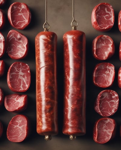 An array of cured meat legs hanging in a market stall, with warm lighting casting a reddish hue. The signage displays the brand name Carrasco, suggesting a specialty in Iberico ham. Several people in hats and casual wear are observing the display.