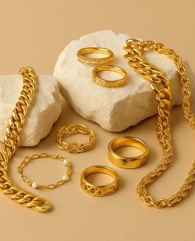 Eine Sammlung goldener Schmuckstücke, darunter Ketten, Ringe und Armbänder, ist kunstvoll auf Stücke
