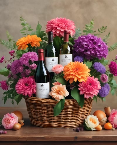 A woven basket containing packaged items and colorful decorations is placed on stone steps surrounded by rock walls. The basket includes a pink-wrapped gift and blue ribbon detailing. Two white bars partially obscure the view.