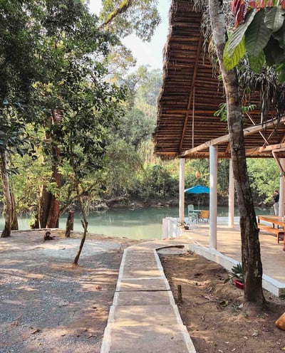 View of the Semuc Champey river from a guesthouse, Guatemala.