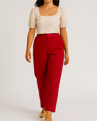 a woman in a white top and red pants