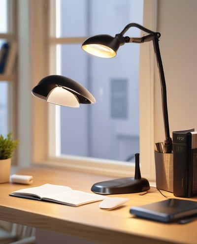 A pair of eyeglasses is placed on a surface with a background of blurred, warmly lit fairy lights. The glow from the lights reflects off the lenses, creating a cozy and inviting ambiance.