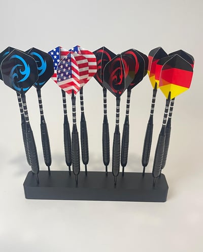 a display of darts and darts in a display case