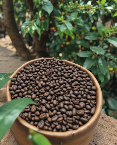 A large number of roasted coffee beans scattered across a white surface, with a rectangular white dish at the center containing two pieces of brown, rustic-looking soap. The coffee beans are evenly spread both on and around the dish.