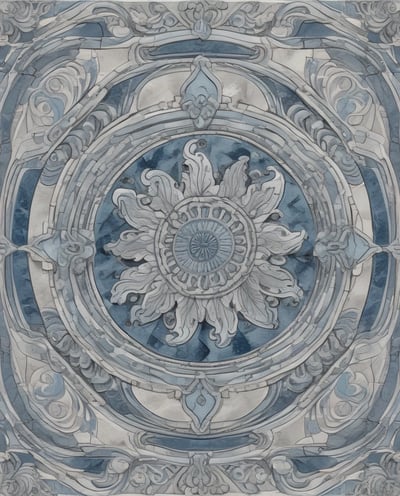 The image features a detailed close-up view of marble or stone tiles with intricate swirling patterns in shades of blue and gray. The tiles are arranged in a symmetrical pattern, creating a visually pleasing and consistent design.