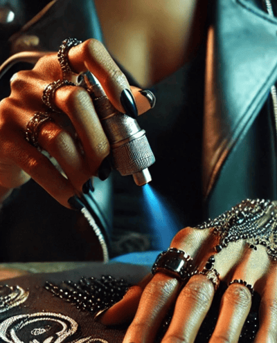 Close-up of hands creating a custom fashion piece in a sunlit studio, highlighting the process