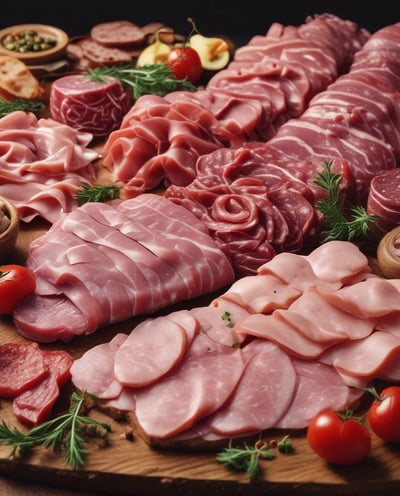 A storefront with vibrant red doors and window frames, featuring a traditional butcher shop sign that reads 'Boucherie Charcuterie' in French. A chalkboard menu is displayed outside, listing various offerings. The atmosphere suggests a quaint, classic European shop.