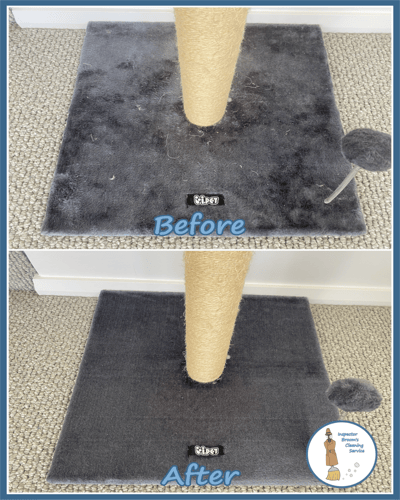 Before and after cleaning of a grey cat scratching post base, showing removed pet hair and dirt.