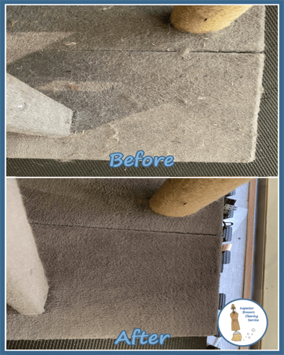 "Before and after cleaning of a beige cat scratching post base, with pet hair and grime removed.