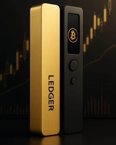 a gold and black device with a gold and black background