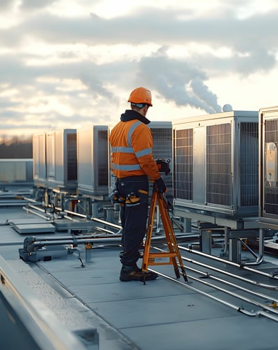 Generic Industrial HVAC photo with an engineer on top of a building doing checks on the HVAC system