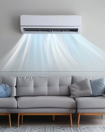Air Conditioner blowing fresh blue air inside a well designed house