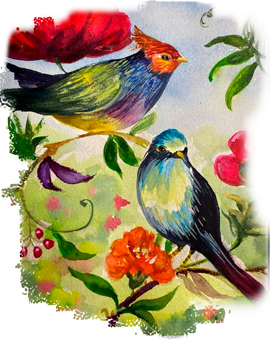 a painting of two birds sitting on a branch