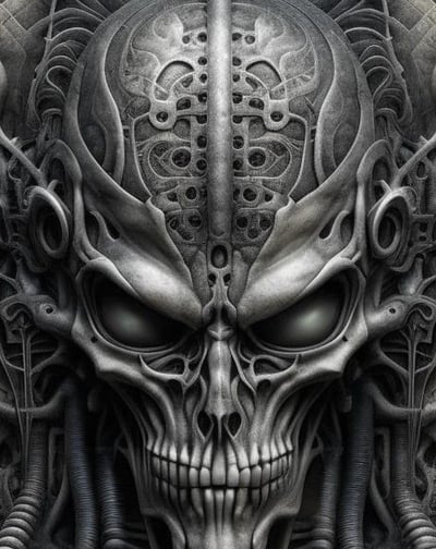 Ilustração de H. R. Giger apresentando uma caveira com detalhes biomecânicos.