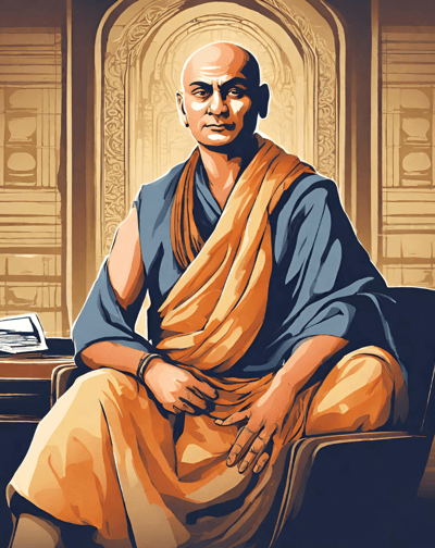 Illustration of ancient Indian Polymath Chanakya,, sitting in his study, looking ahead