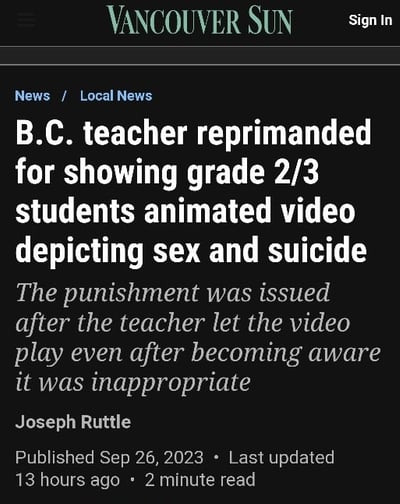 B.C. teacher reprimanded for showing video depicting sex.