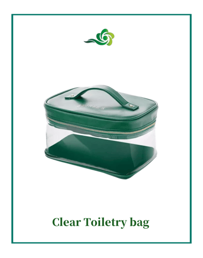 a clear plastic toilet bag with a green handle