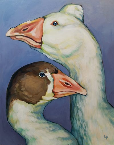 Two geese, one white and the other brown and white, face left and right on a purple background.