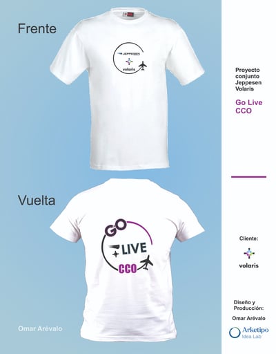 Diseño e impresión de camisetas para lanzamiento de proyecto Go Live CCO alianza Volaris/Jeppesen