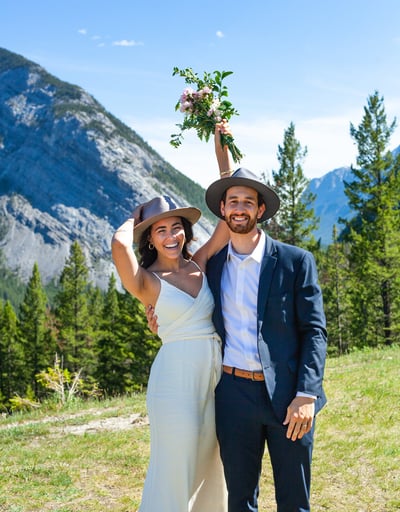 Bride and groom exited to have just eloped in Banff