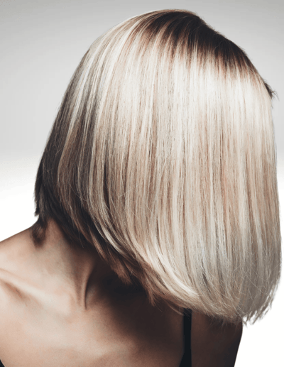 woman after malibu crystals treatment with shiny, blonde, short hair