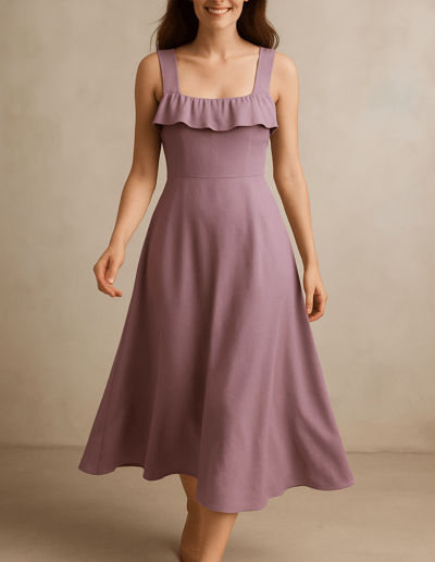 a woman in a purple dress with a white dress