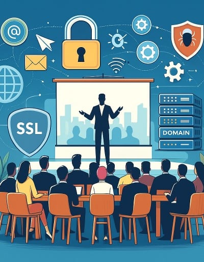 a man in a suit and tie is standing in front of a presentation screen with