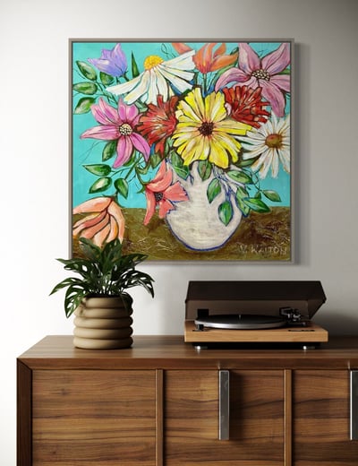 A colourful painting of a vase of flowers by verawalton.com