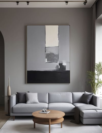 Quarto minimalista com mobília contemporânea em tons de cinza e iluminação suave.