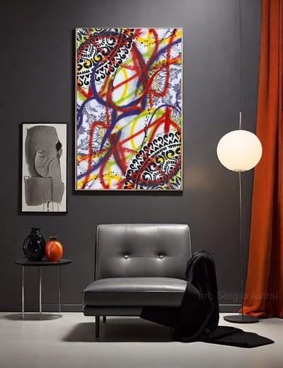 Pintura com móveis modernos em tons de cinza e plantas decorativas.