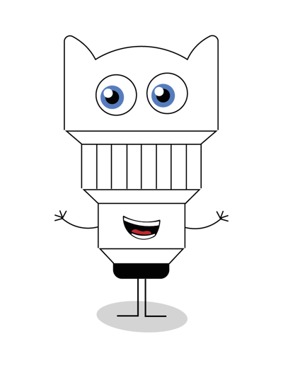 mascotte en forme d'objectif photo contente