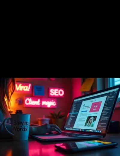 A woman working in laptop with a coffee mug laying slaying words