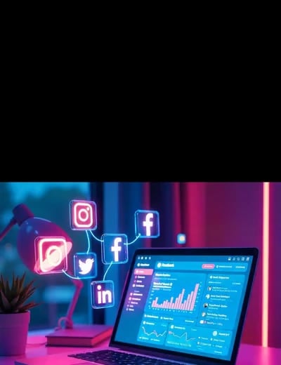 a laptop opened with social media icon floating