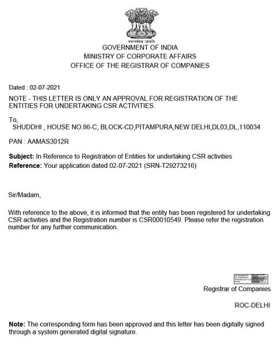 APPROVAL FOR REGISTRATION OF THE ENTITIES FOR UNDERTAKING CSR ACTIVITIES