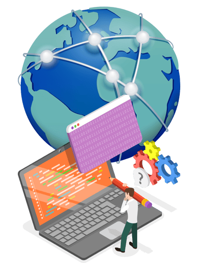 a conected world and a man working in a digital way with a computer