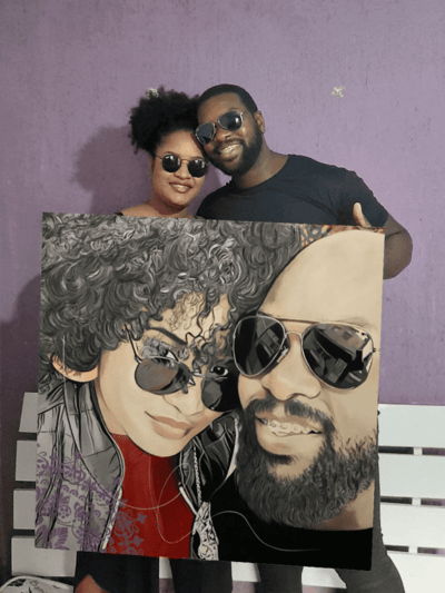 Rosto de namorados em pop-art, com detalhes expressivos e estilo contemporâneo