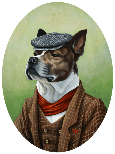 A brown and white pit bull wears a peaked cap and a red scarf under a checked jacket.